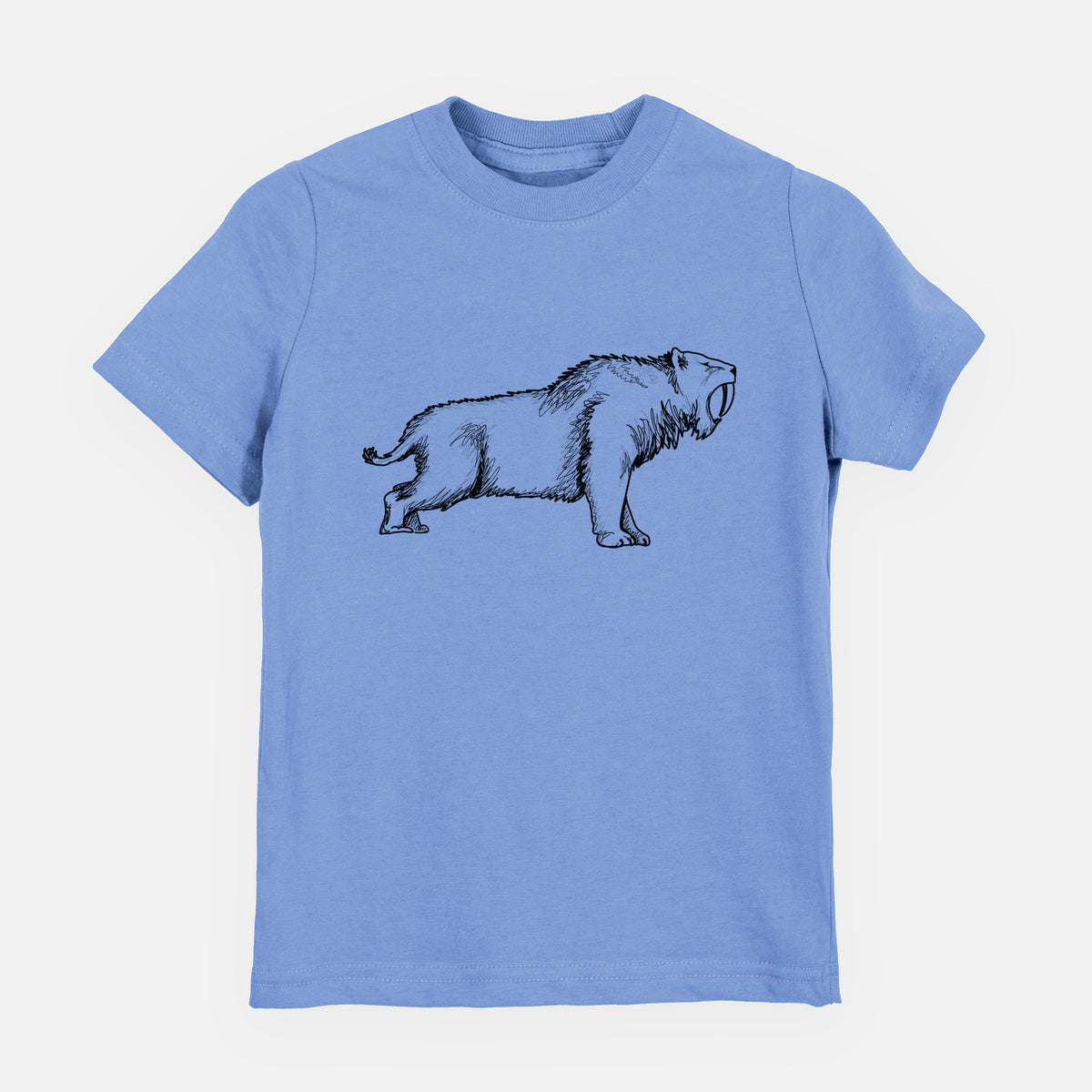 Carolina blue youth t-shirt laid flat, printed with a black ink illustration of a saber-toothed tiger walking.