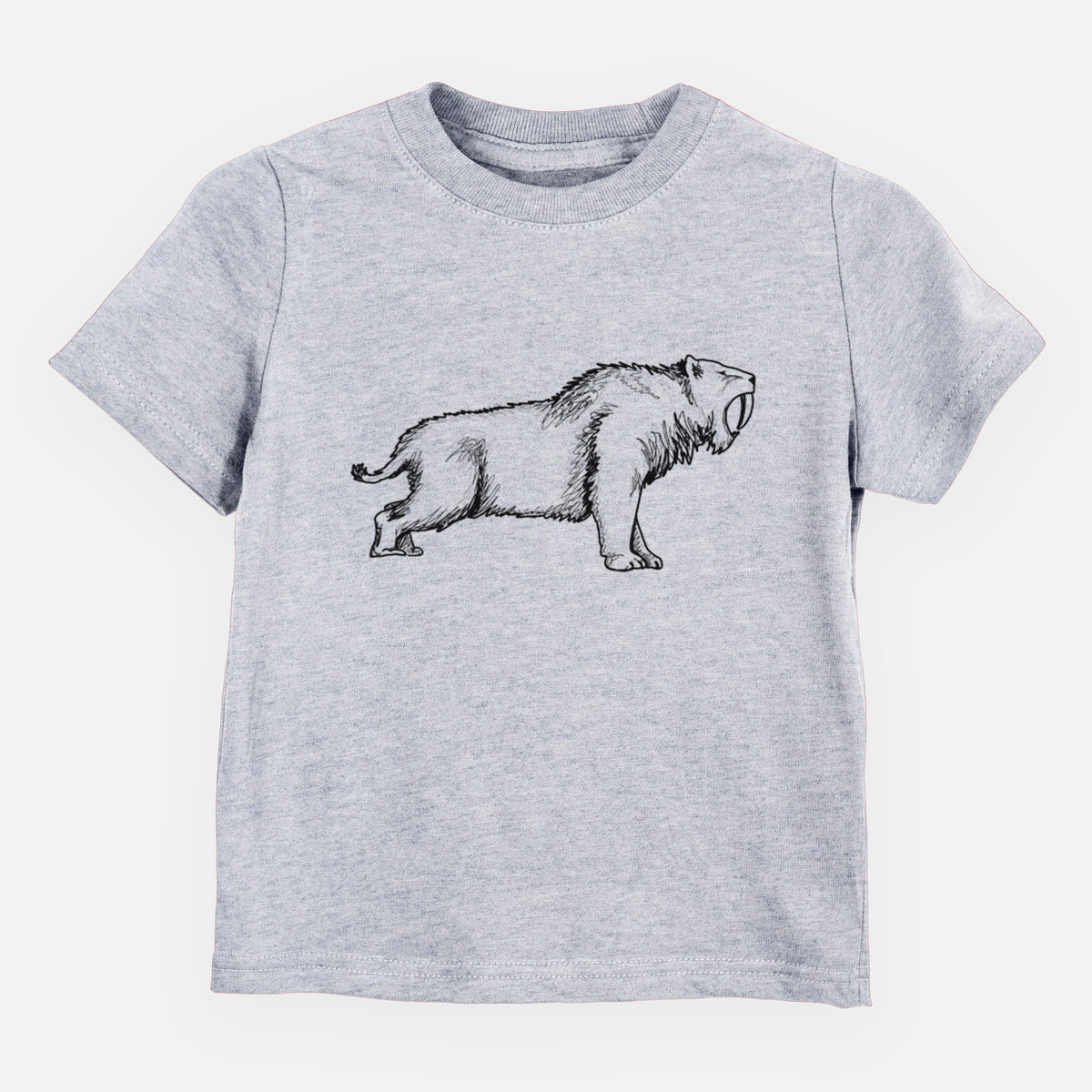 Heather grey toddler t-shirt laid flat, printed with a black ink illustration of a saber-toothed tiger walking.