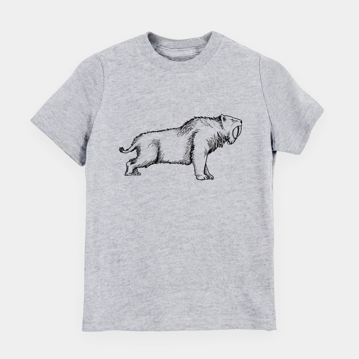 Heather grey youth t-shirt laid flat, printed with a black ink illustration of a saber-toothed tiger walking.