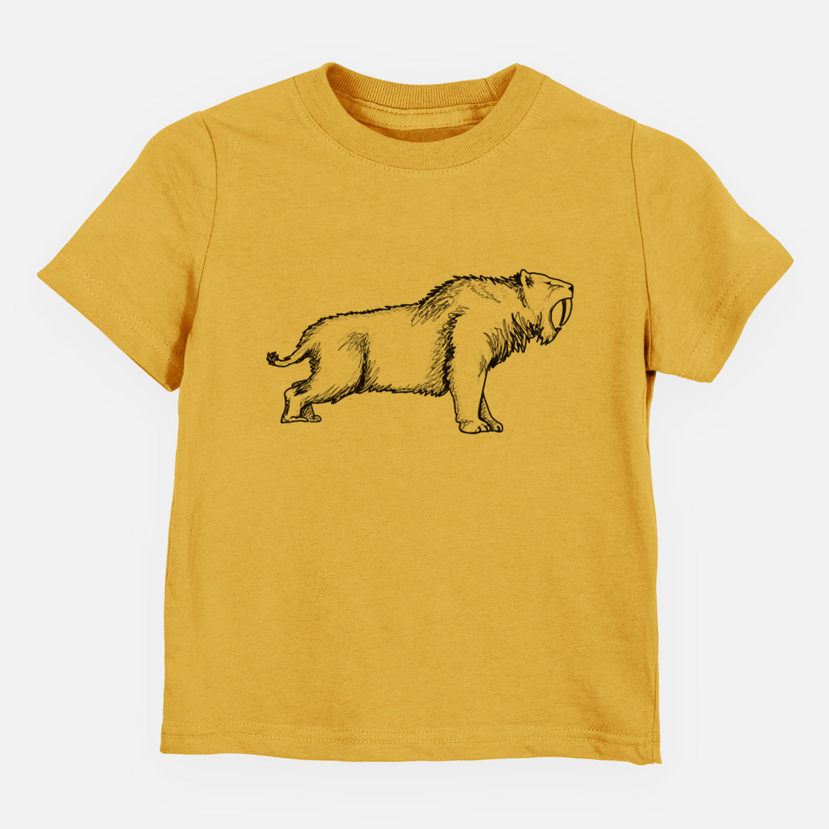 Honeycomb yellow toddler t-shirt laid flat, printed with a black ink illustration of a saber-toothed tiger walking.