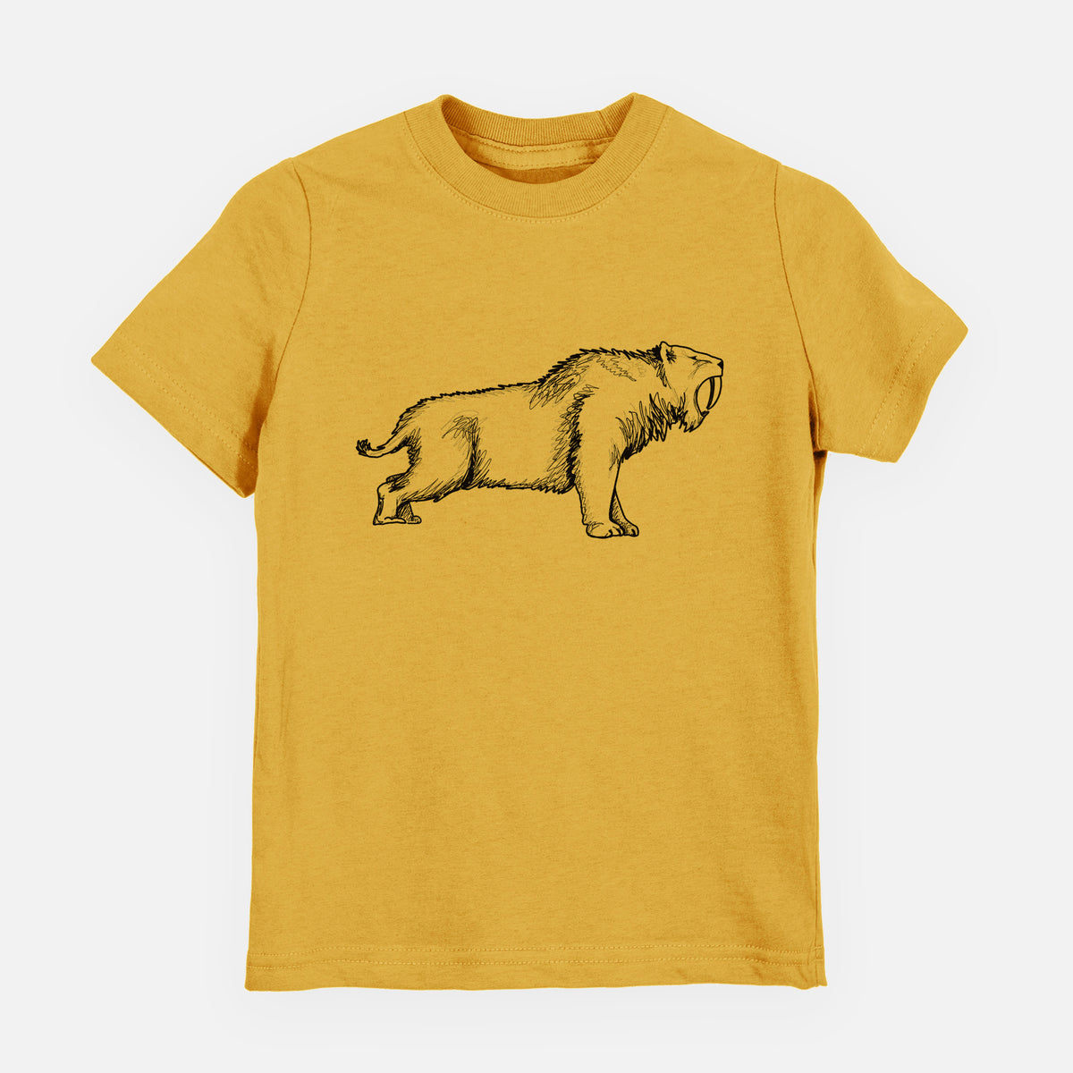 Honeycomb yellow youth t-shirt laid flat, printed with a black ink illustration of a saber-toothed tiger walking.