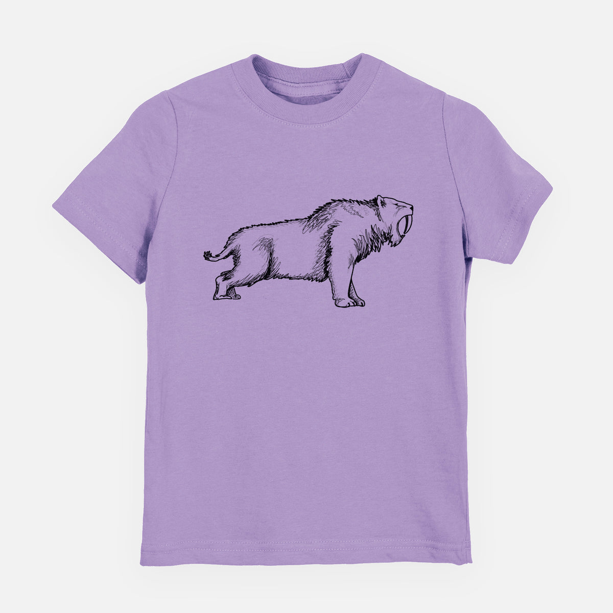 Lavender youth t-shirt laid flat, printed with a black ink illustration of a saber-toothed tiger walking.
