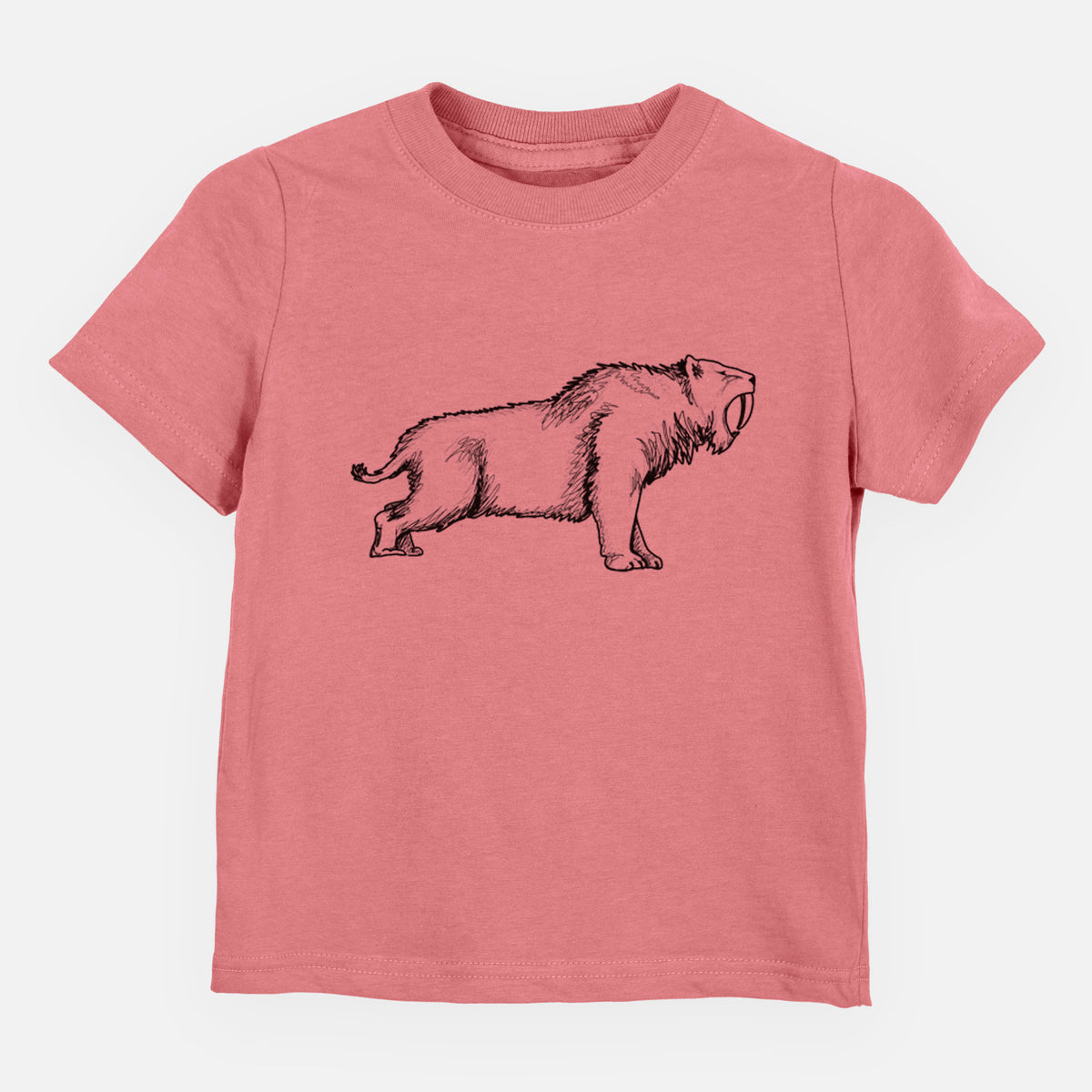 Mauve pink toddler t-shirt laid flat, printed with a black ink illustration of a saber-toothed tiger walking.