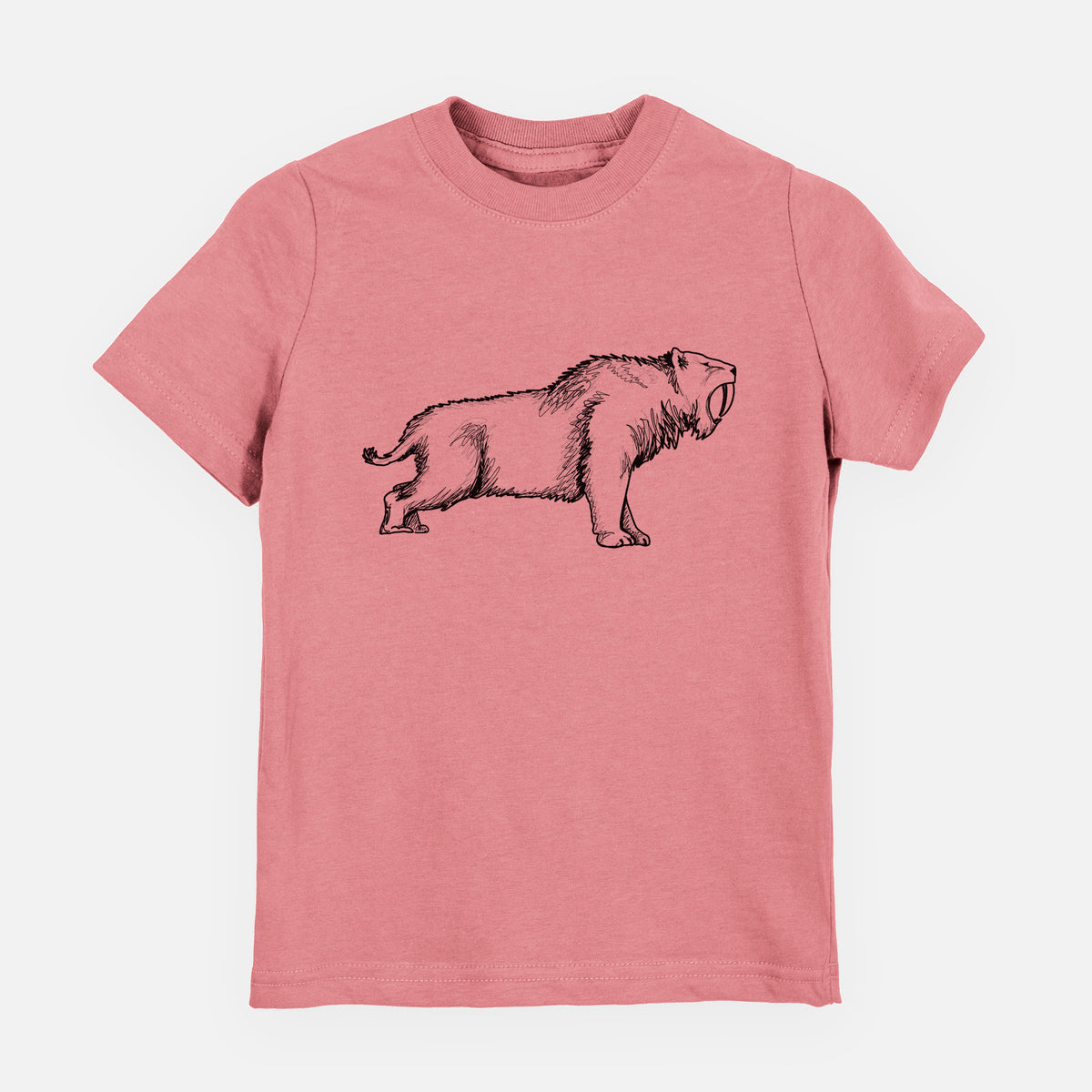 Mauve pink youth t-shirt laid flat, printed with a black ink illustration of a saber-toothed tiger walking.