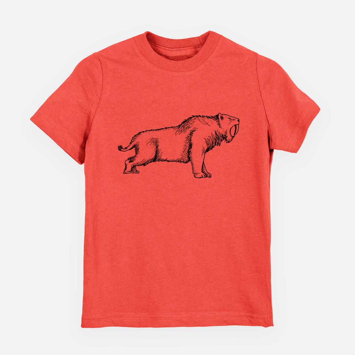 Passionfruit pink youth t-shirt laid flat, printed with a black ink illustration of a saber-toothed tiger walking.