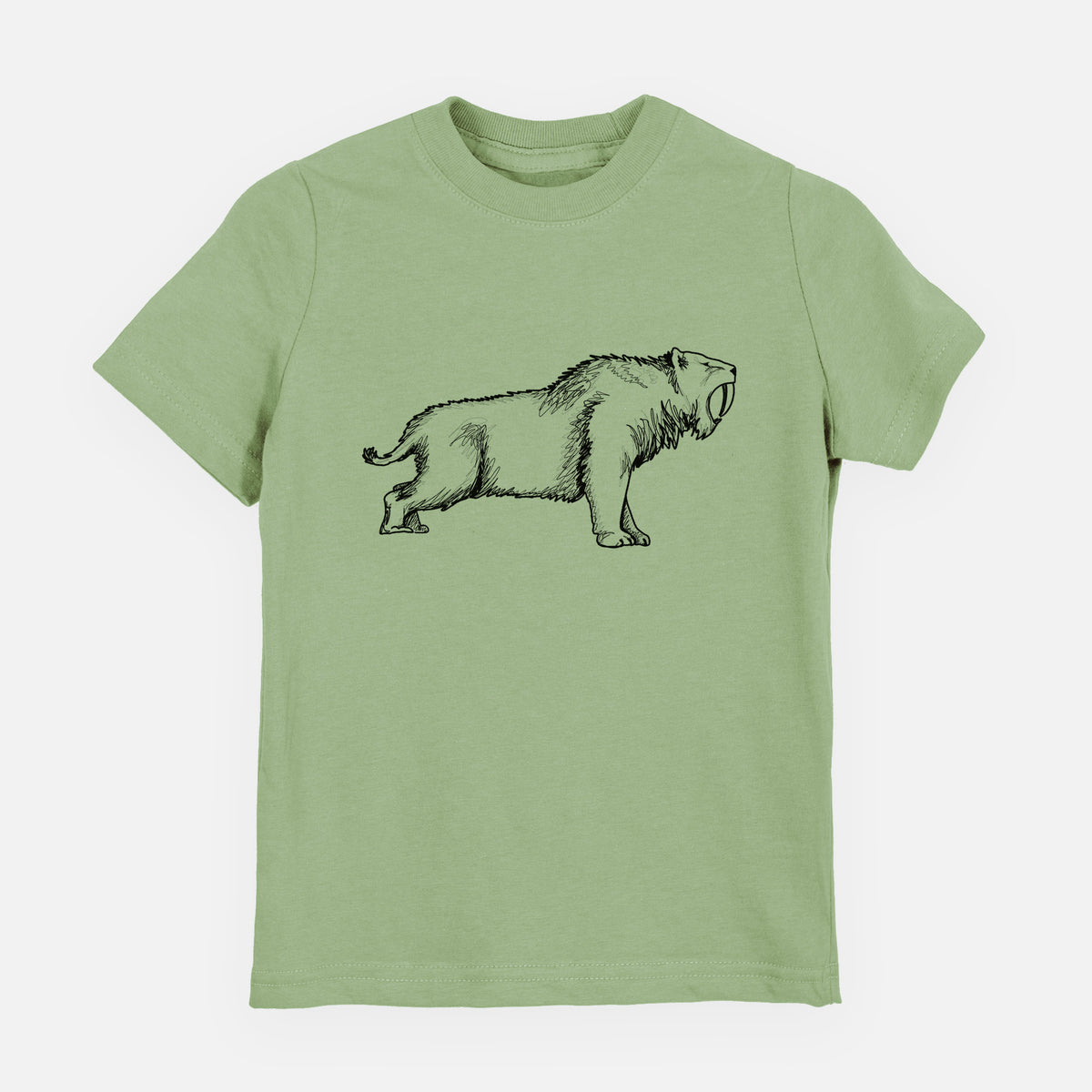 Sage green youth t-shirt laid flat, printed with a black ink illustration of a saber-toothed tiger walking.