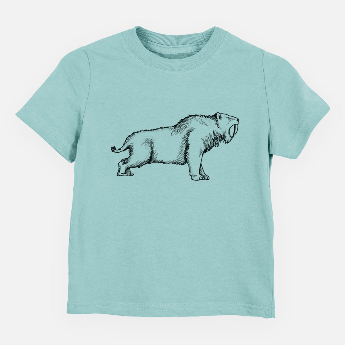 Saltwater toddler t-shirt laid flat, printed with a black ink illustration of a saber-toothed tiger walking.
