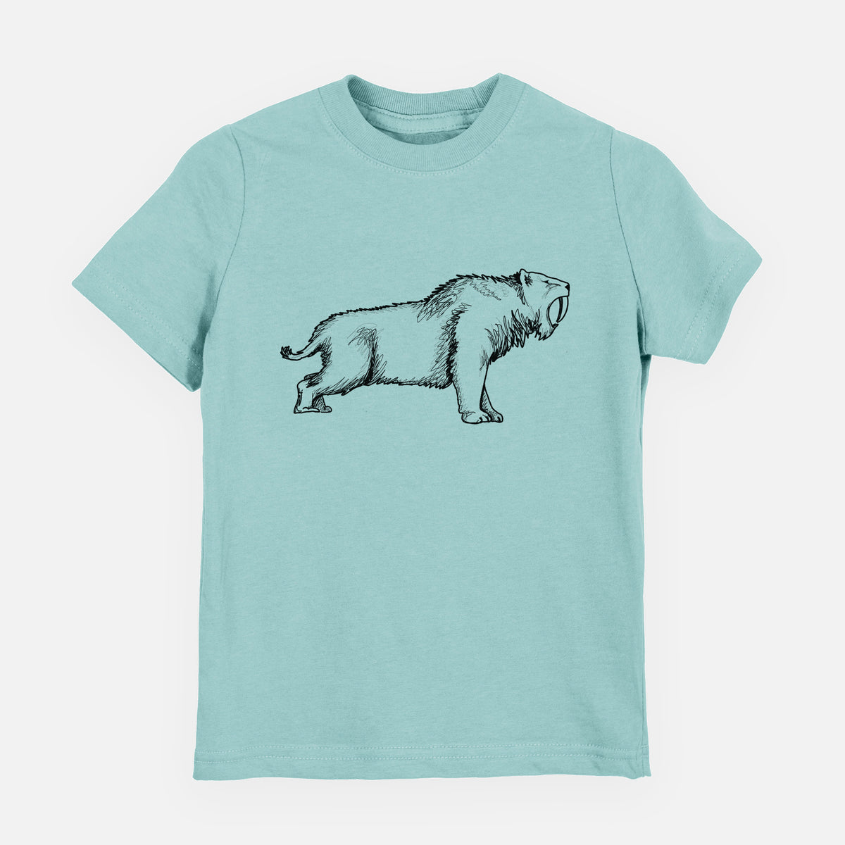 Saltwater youth t-shirt laid flat, printed with a black ink illustration of a saber-toothed tiger walking.
