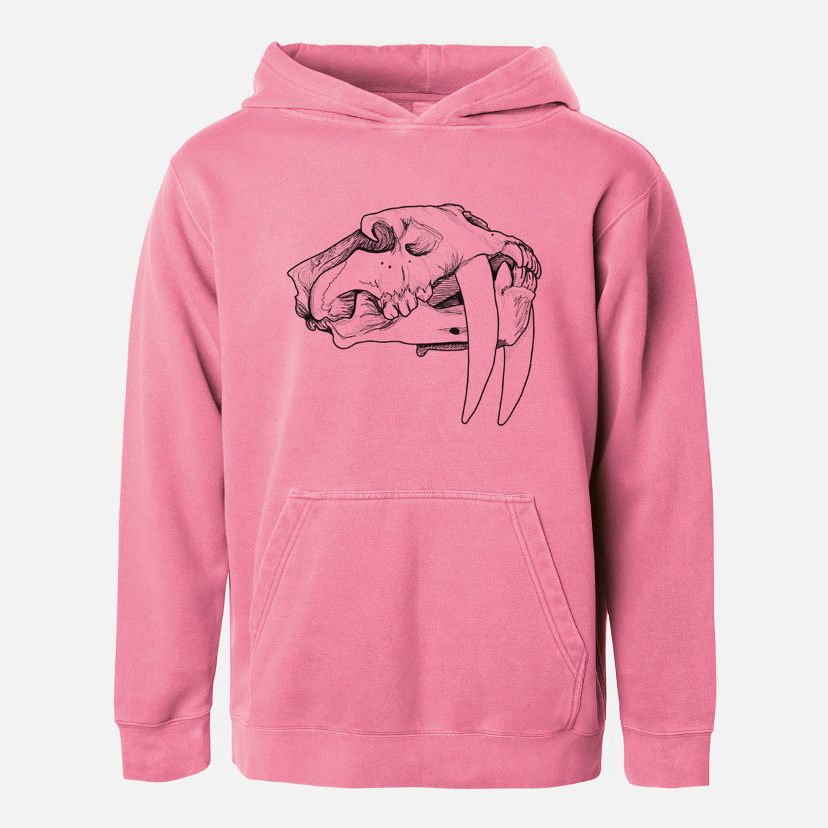 Pigment pink youth pigment dyed hoodie laid flat, printed with a detailed black ink illustration of a saber-toothed tiger skull.