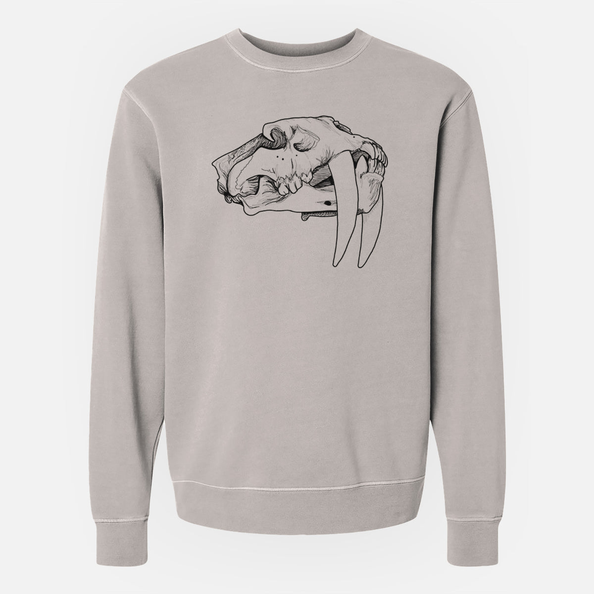 Cement grey pigment dyed crewneck sweatshirt laid flat, printed with a detailed black ink illustration of a saber-toothed tiger skull.