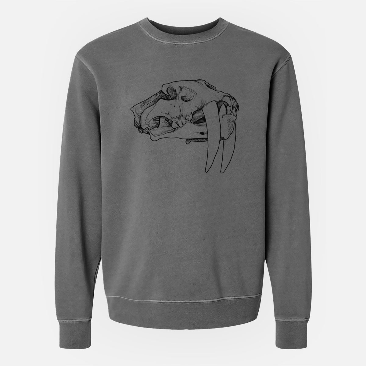 Faded black pigment dyed crewneck sweatshirt laid flat, printed with a detailed black ink illustration of a saber-toothed tiger skull.