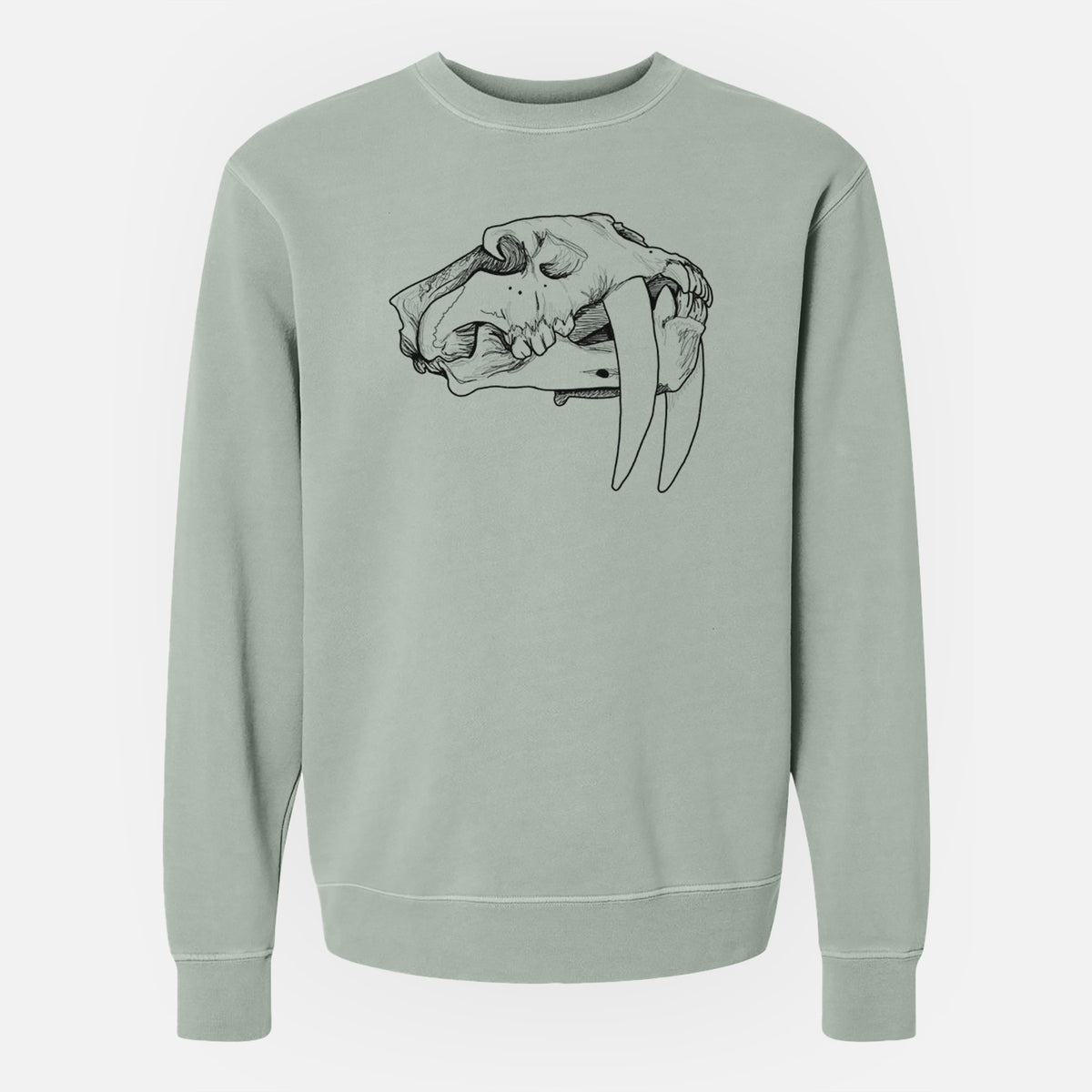 Sage green pigment dyed crewneck sweatshirt laid flat, printed with a detailed black ink illustration of a saber-toothed tiger skull.