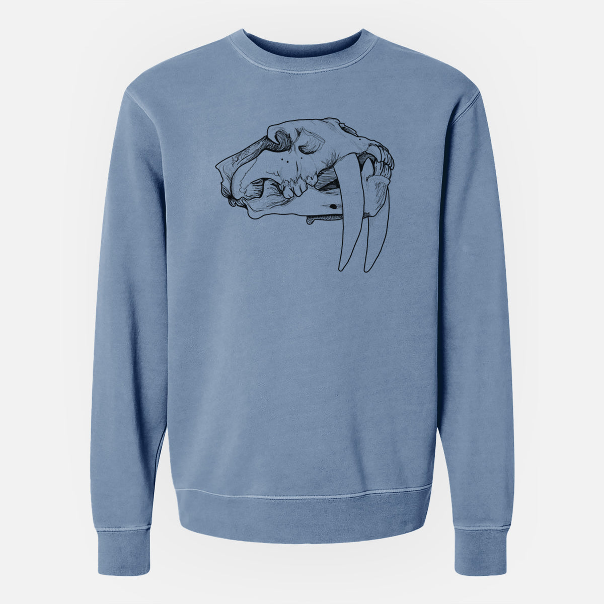Slate blue pigment dyed crewneck sweatshirt laid flat, printed with a detailed black ink illustration of a saber-toothed tiger skull.