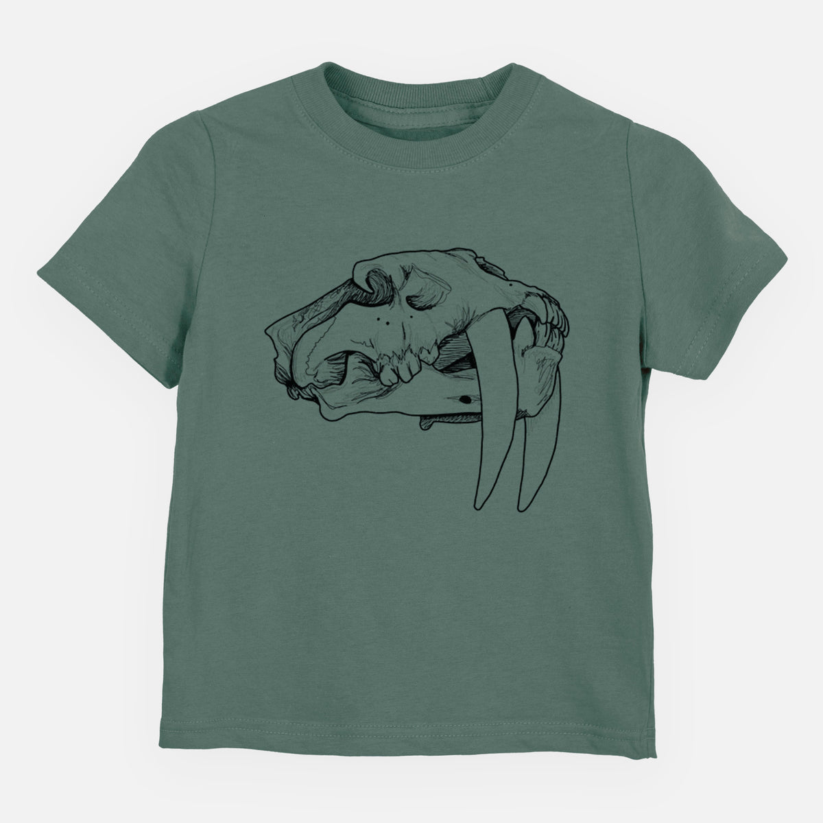 Basil green toddler t-shirt laid flat, printed with a detailed black ink illustration of a saber-toothed tiger skull.
