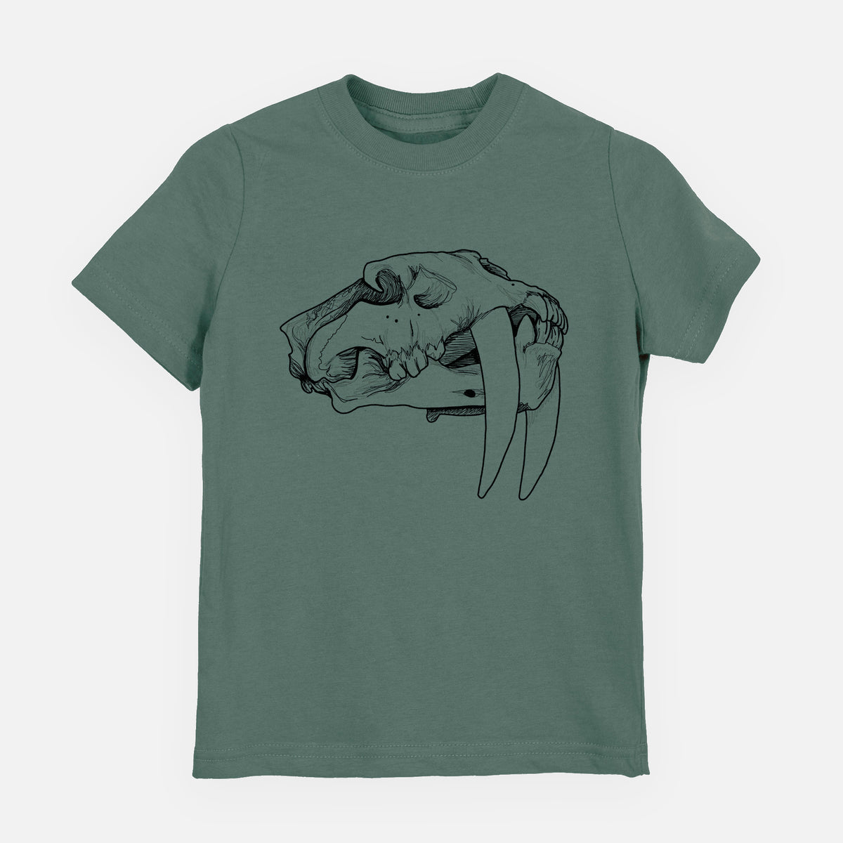 Basil green youth t-shirt laid flat, printed with a detailed black ink illustration of a saber-toothed tiger skull.