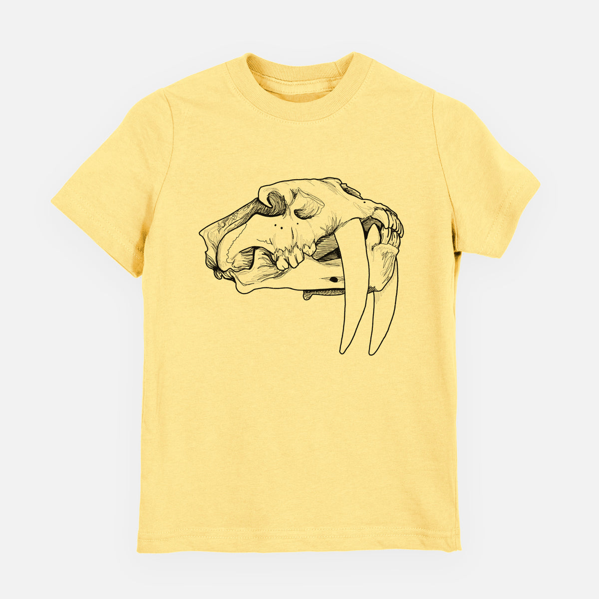 Butter yellow youth t-shirt laid flat, printed with a detailed black ink illustration of a saber-toothed tiger skull.