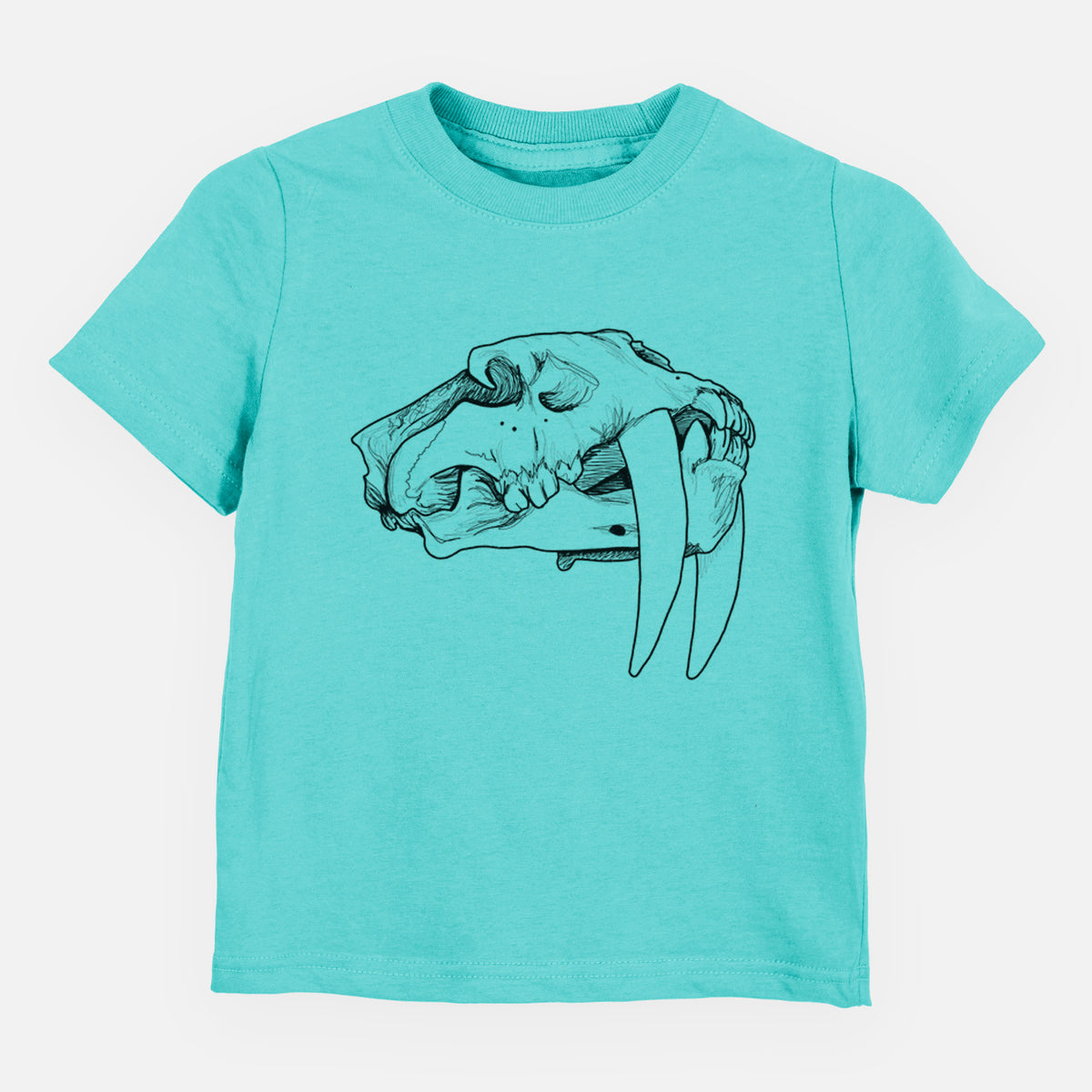 Caribbean blue toddler t-shirt laid flat, printed with a detailed black ink illustration of a saber-toothed tiger skull.