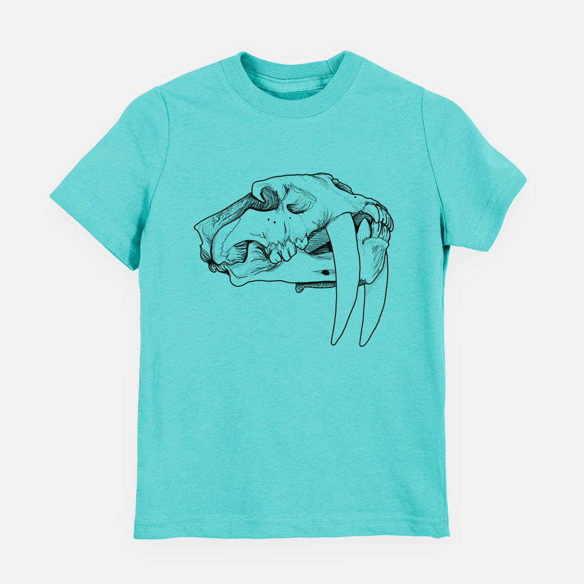 Caribbean blue youth t-shirt laid flat, printed with a detailed black ink illustration of a saber-toothed tiger skull.