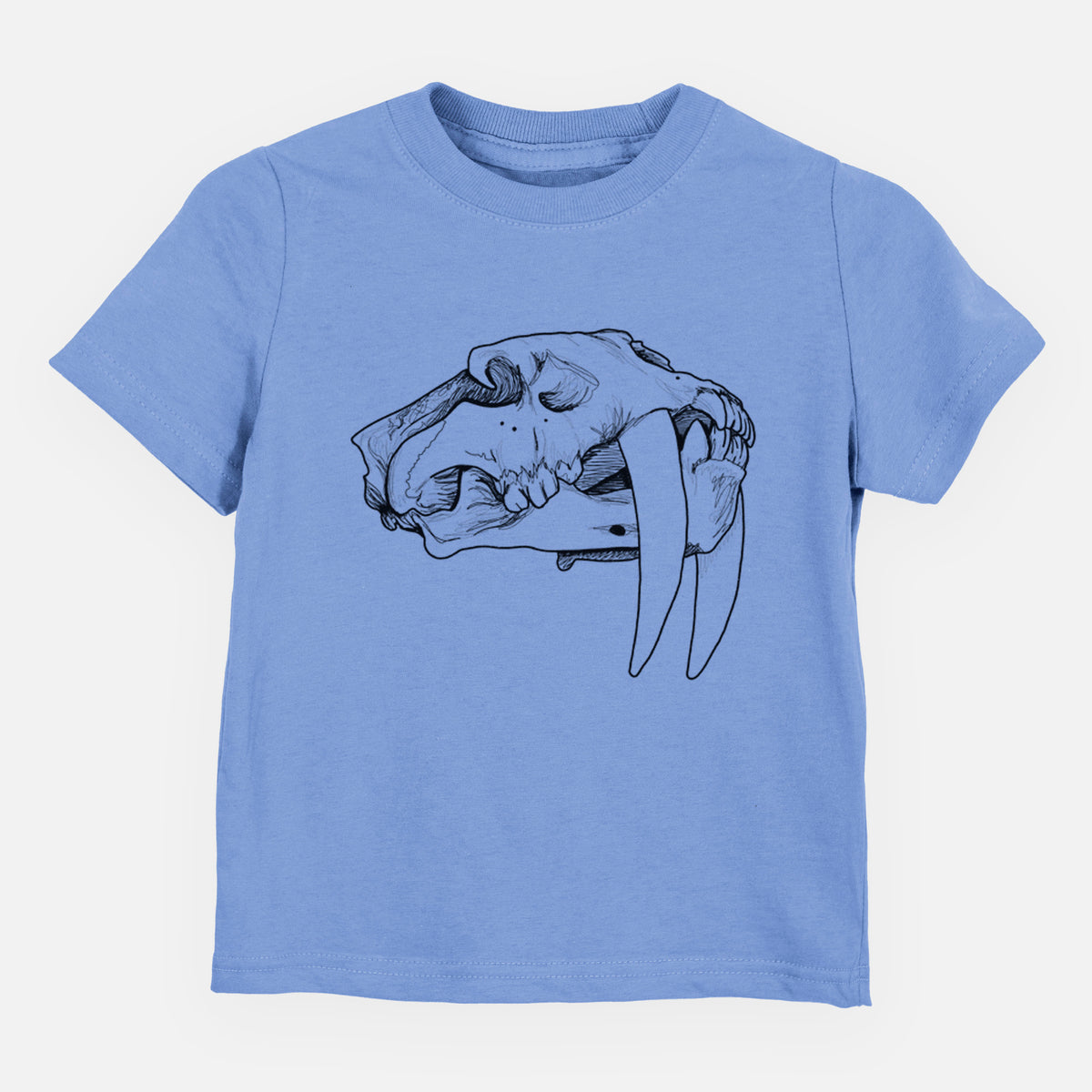 Carolina blue toddler t-shirt laid flat, printed with a detailed black ink illustration of a saber-toothed tiger skull.