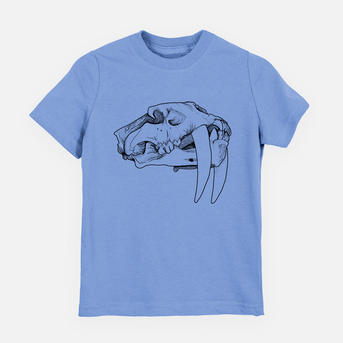 Carolina blue youth t-shirt laid flat, printed with a detailed black ink illustration of a saber-toothed tiger skull.