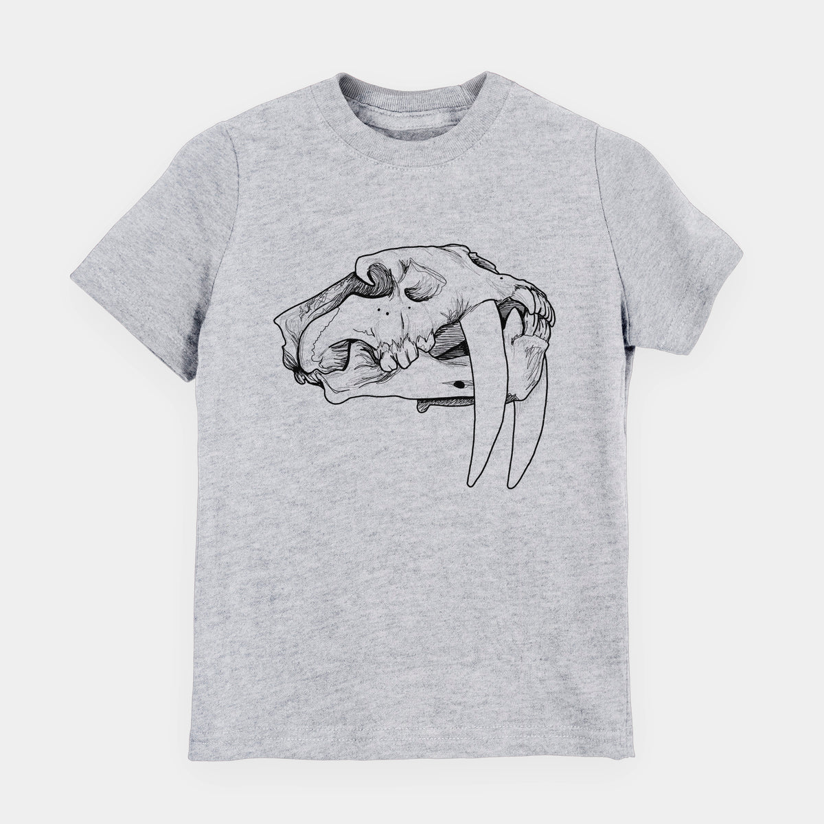 Heather grey youth t-shirt laid flat, printed with a detailed black ink illustration of a saber-toothed tiger skull.