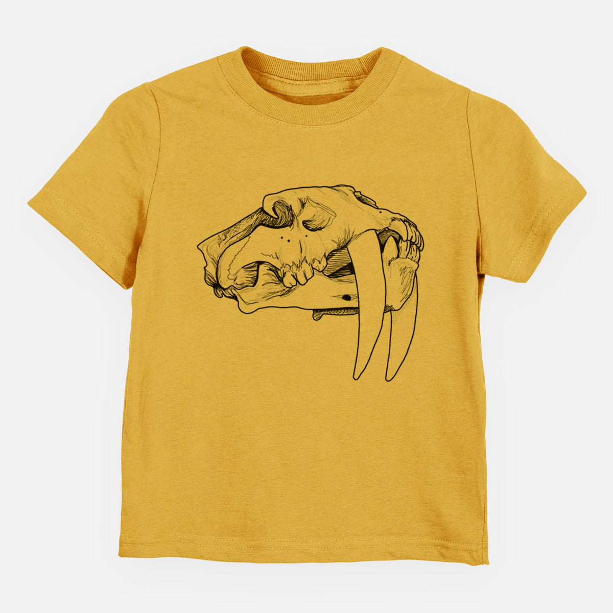 Honeycomb yellow toddler t-shirt laid flat, printed with a detailed black ink illustration of a saber-toothed tiger skull.