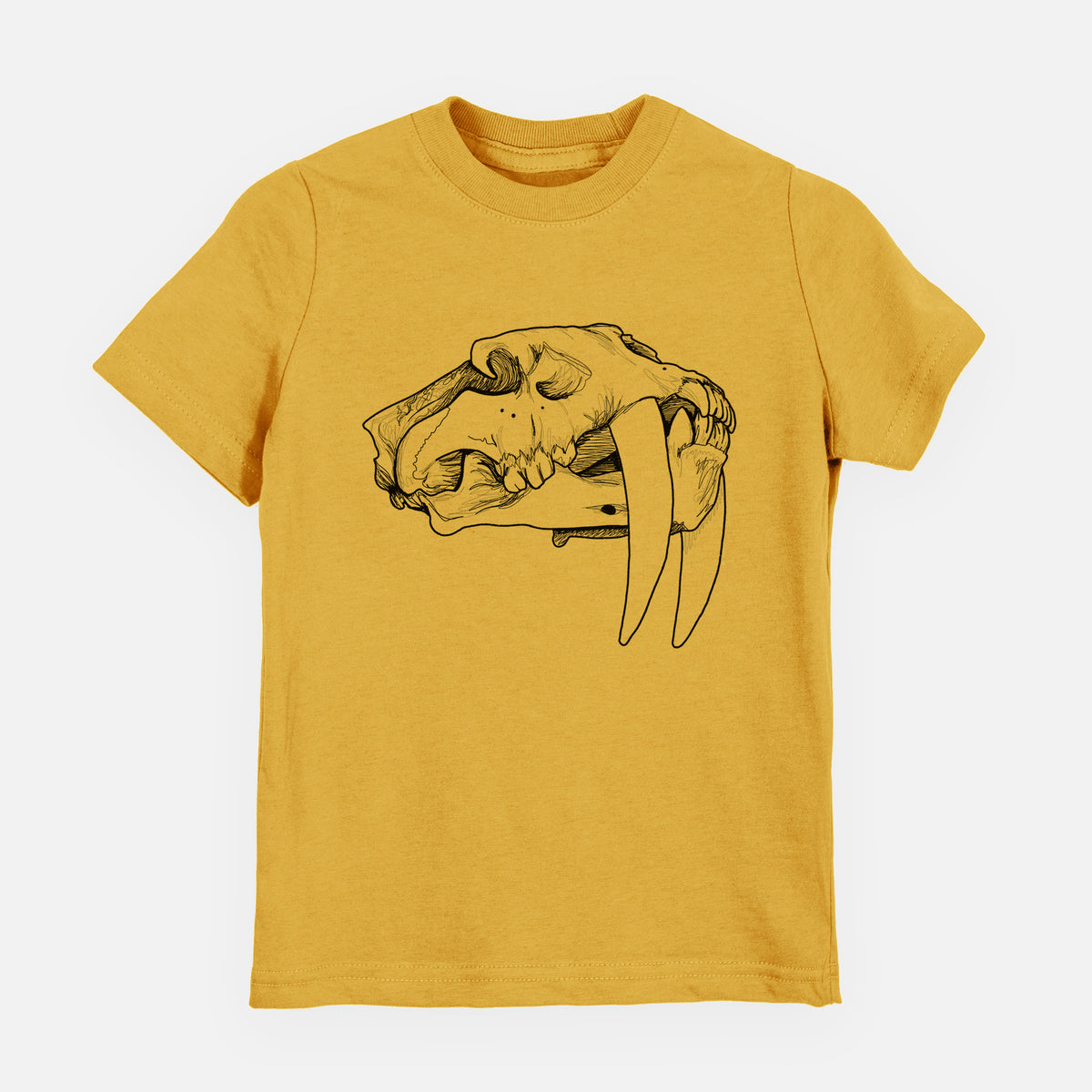 Honeycomb yellow youth t-shirt laid flat, printed with a detailed black ink illustration of a saber-toothed tiger skull.