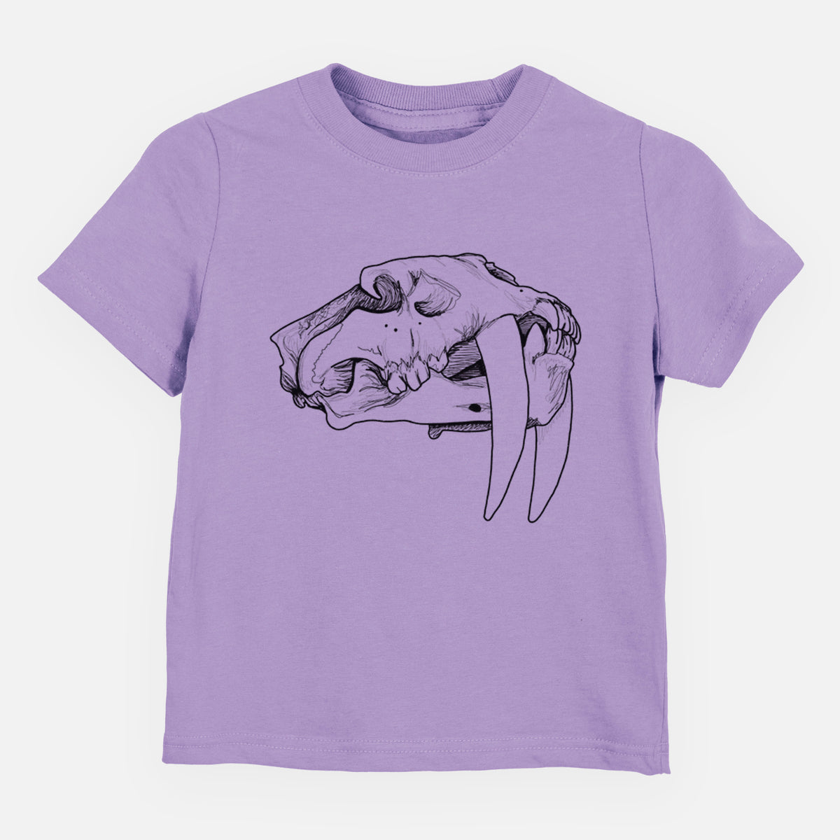 Lavender toddler t-shirt laid flat, printed with a detailed black ink illustration of a saber-toothed tiger skull.