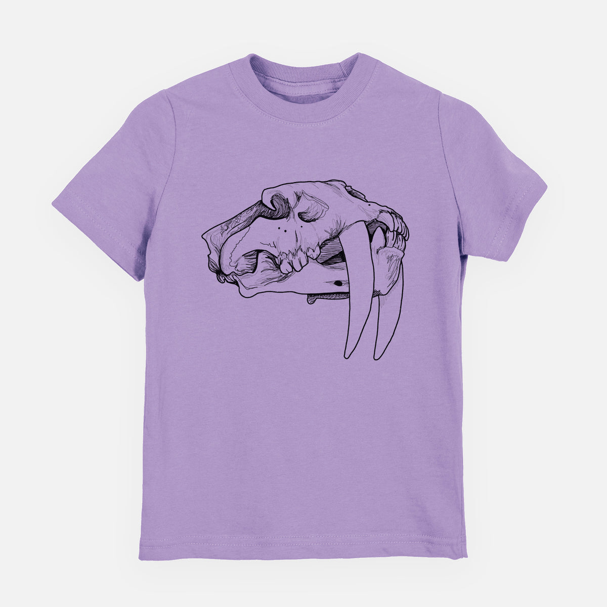 Lavender youth t-shirt laid flat, printed with a detailed black ink illustration of a saber-toothed tiger skull.