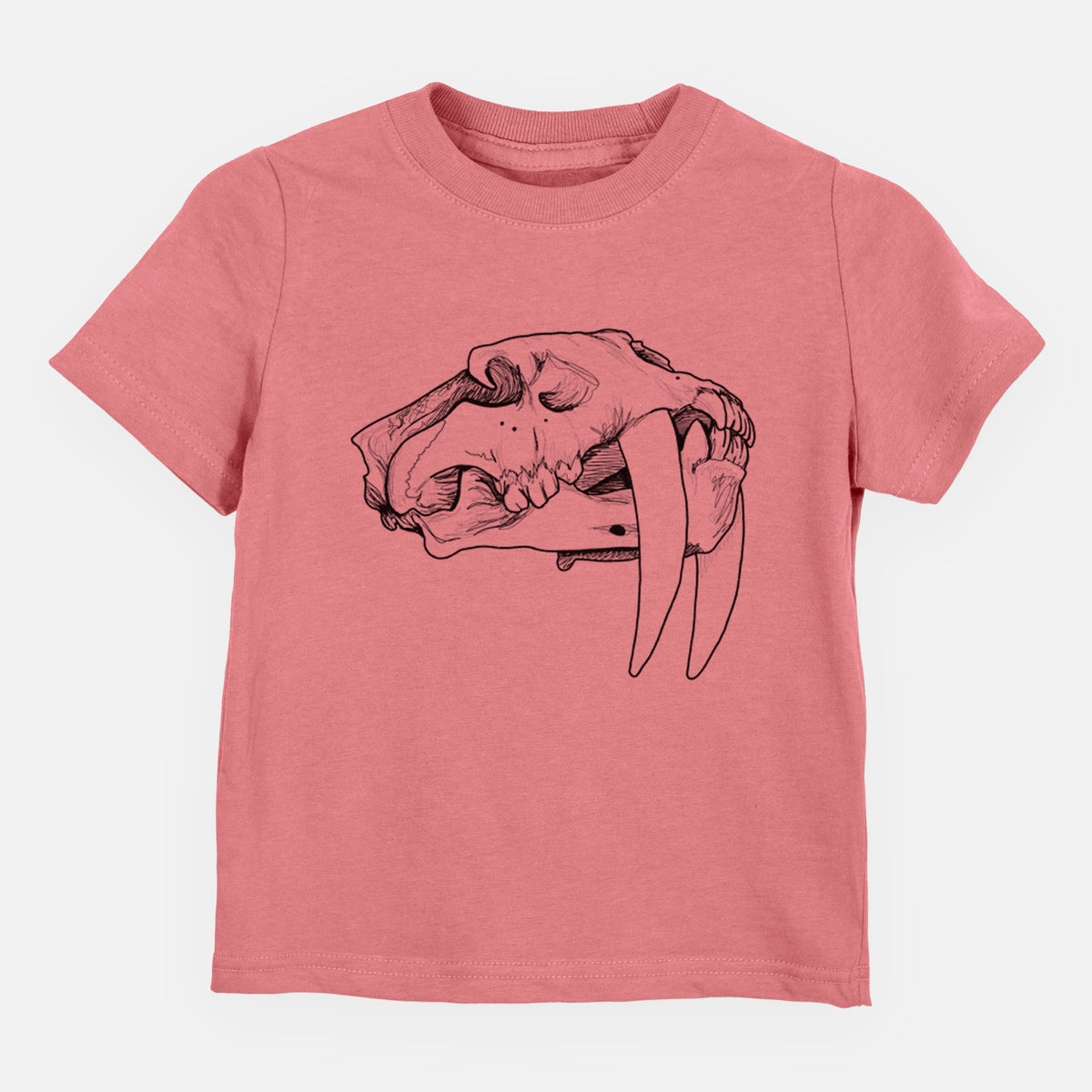 Mauve pink toddler t-shirt laid flat, printed with a detailed black ink illustration of a saber-toothed tiger skull.