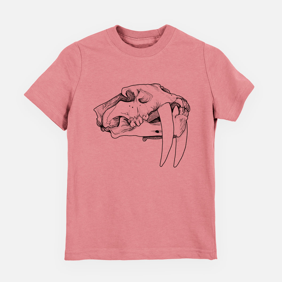 Mauve pink youth t-shirt laid flat, printed with a detailed black ink illustration of a saber-toothed tiger skull.