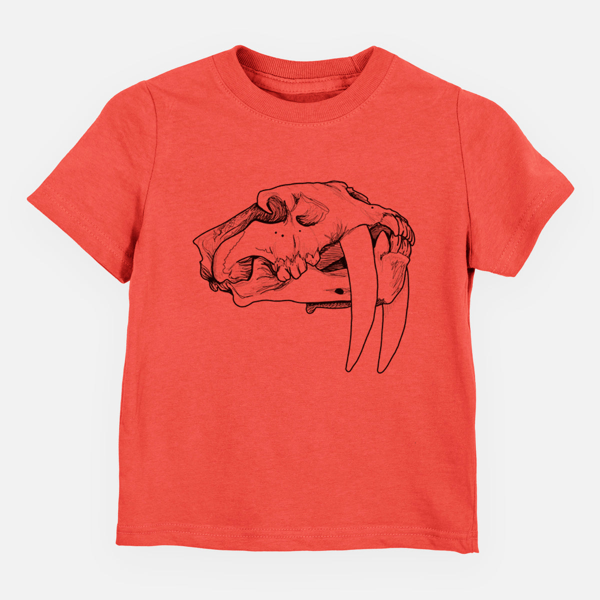 Passionfruit pink toddler t-shirt laid flat, printed with a detailed black ink illustration of a saber-toothed tiger skull.