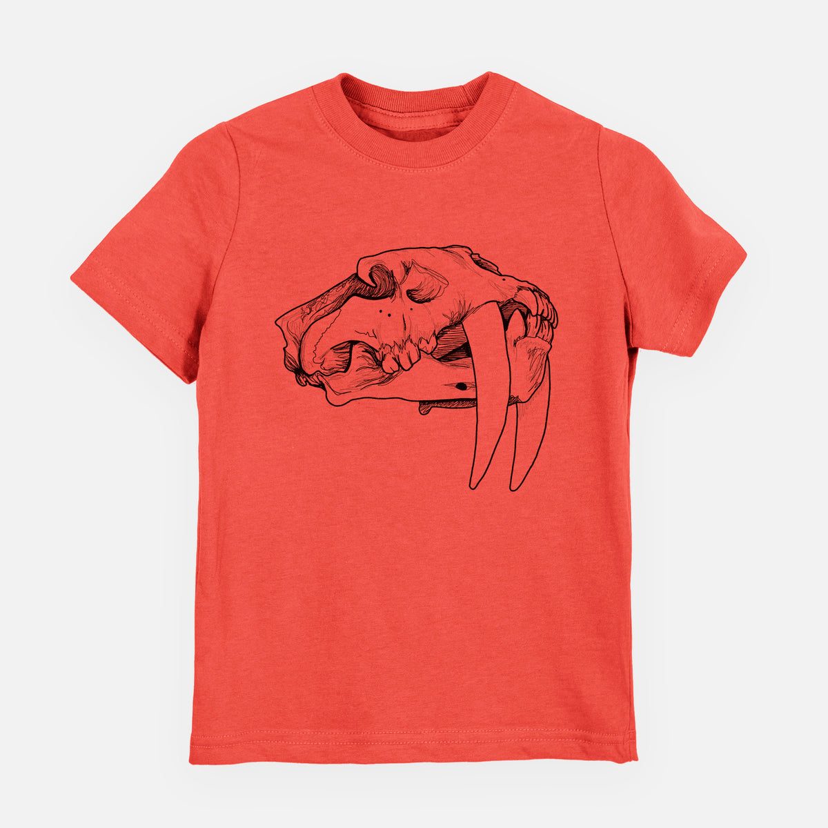 Passionfruit pink youth t-shirt laid flat, printed with a detailed black ink illustration of a saber-toothed tiger skull.