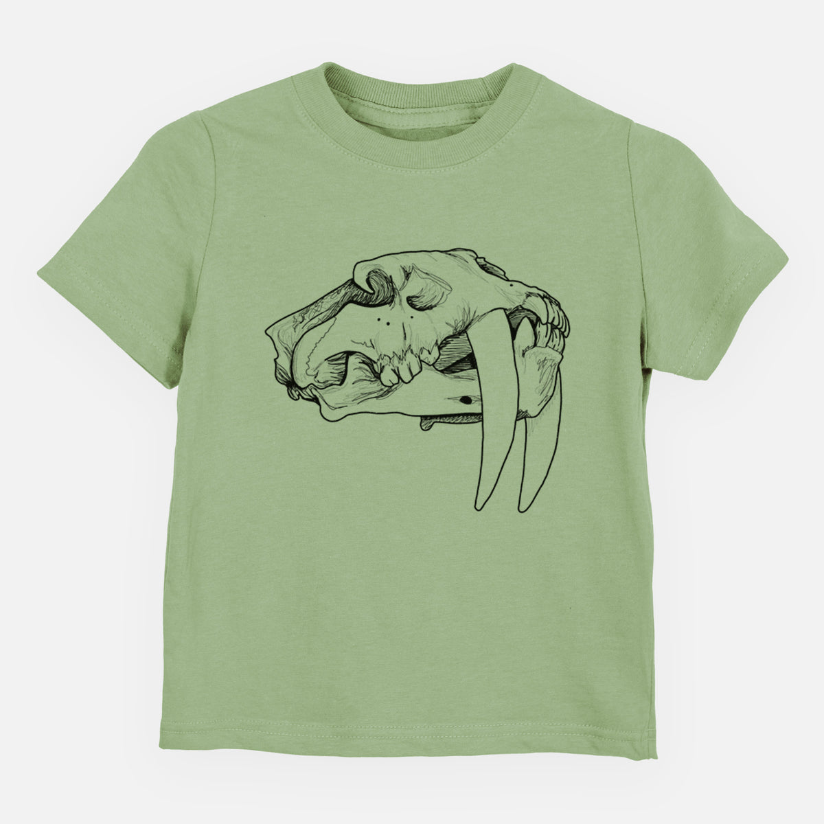 Sage green toddler t-shirt laid flat, printed with a detailed black ink illustration of a saber-toothed tiger skull.