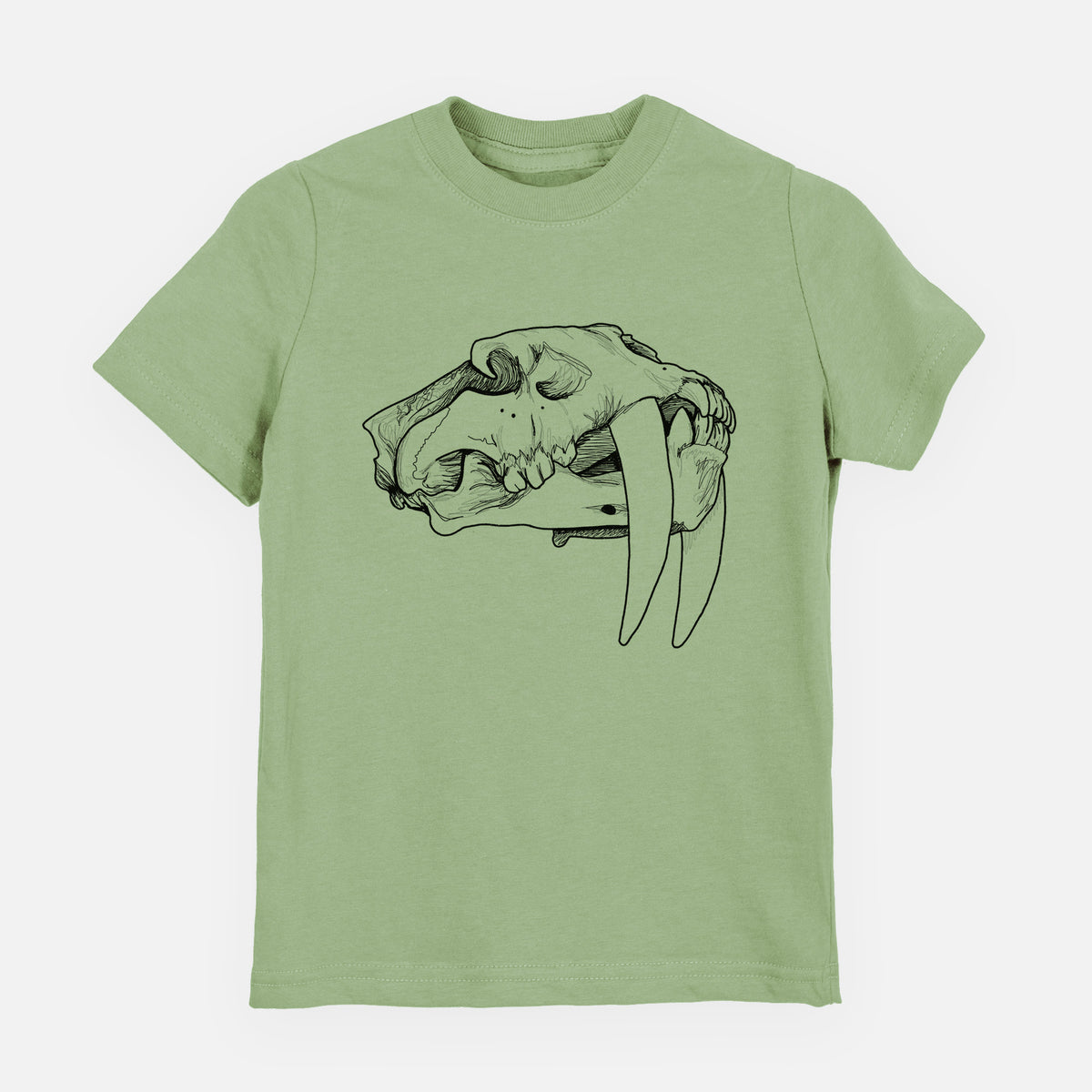 Sage green youth t-shirt laid flat, printed with a detailed black ink illustration of a saber-toothed tiger skull.