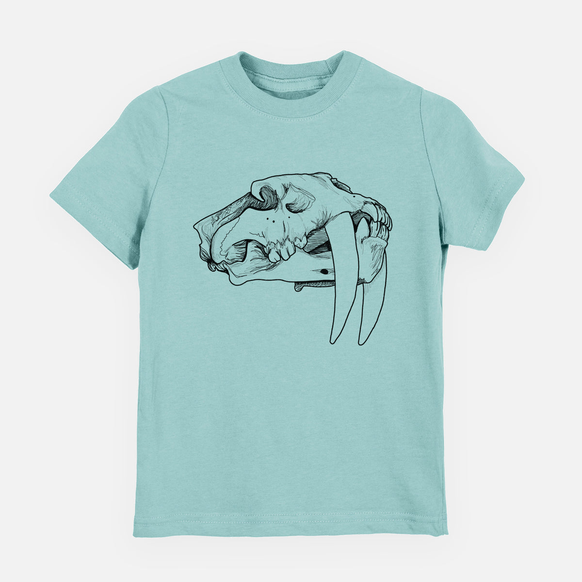 Saltwater youth t-shirt laid flat, printed with a detailed black ink illustration of a saber-toothed tiger skull.