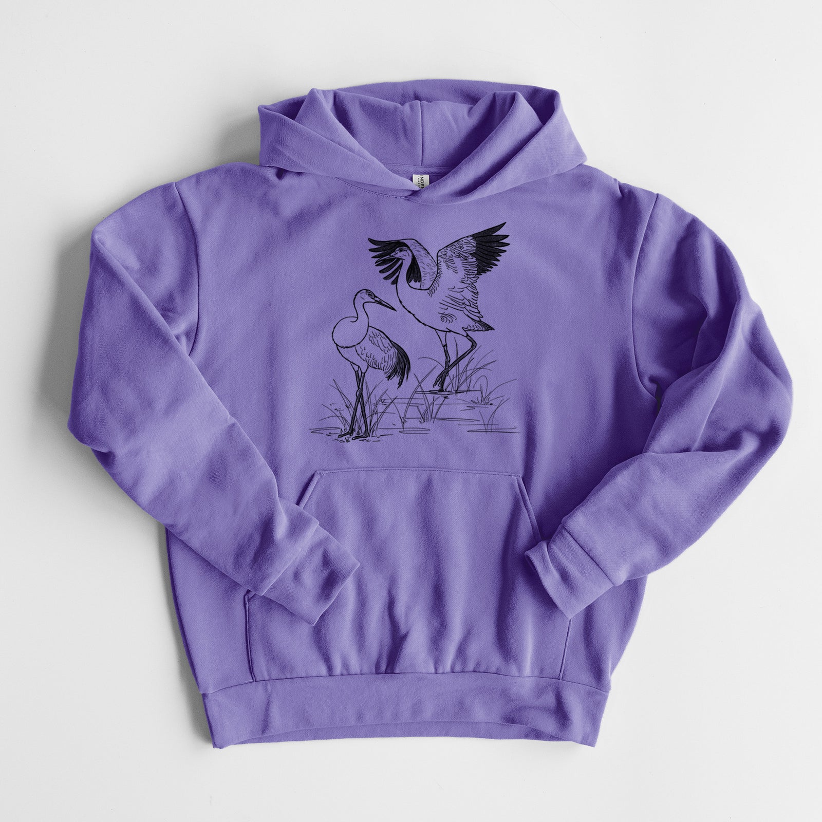 Sandhills Cranes - Grus canadensis - Statement Midweight Hoodie in Violet, laid flat, showing the oversized boxy fit and front kangaroo pocket.