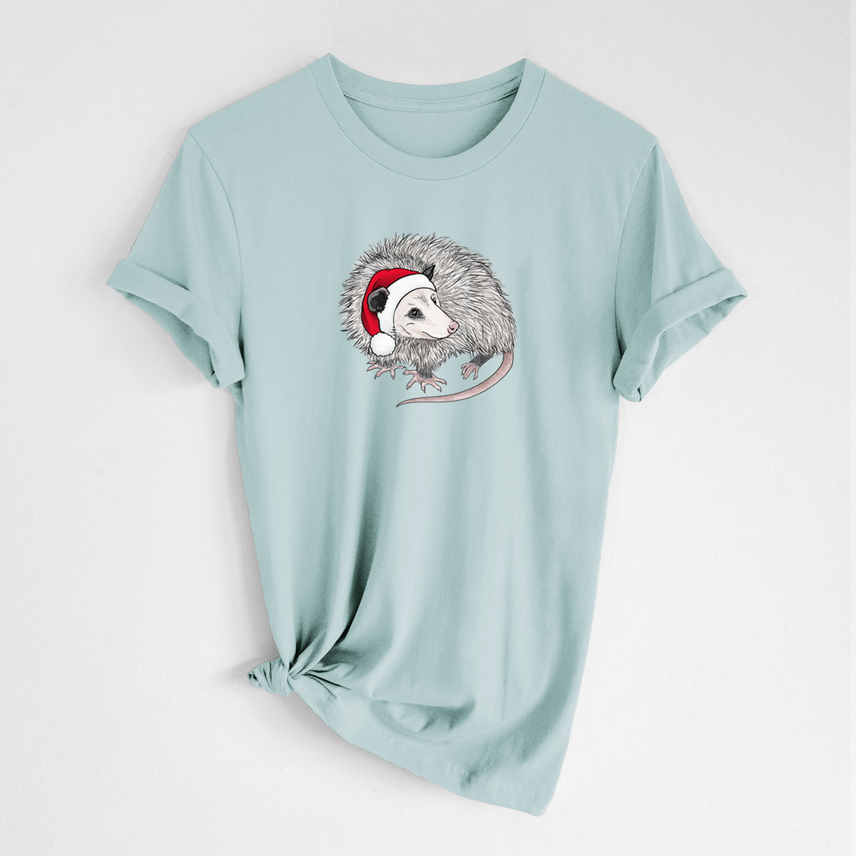 Santa Opossum - Lightweight 100% Cotton Unisex Crewneck in Dusty Blue, worn by model