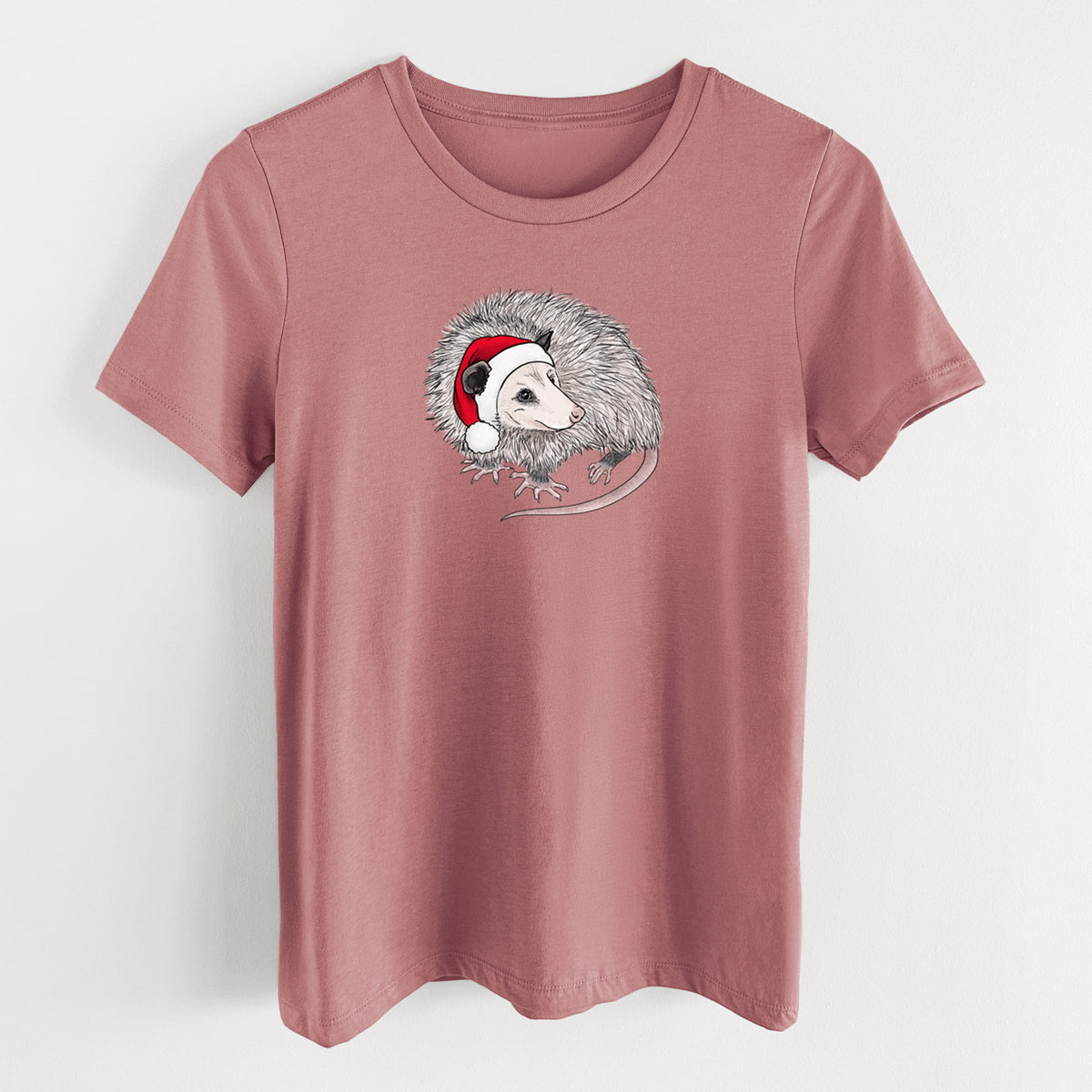Santa Opossum - Women's Lightweight Relaxed Fit 100% Cotton Crewneck in Mauve, on a hanger