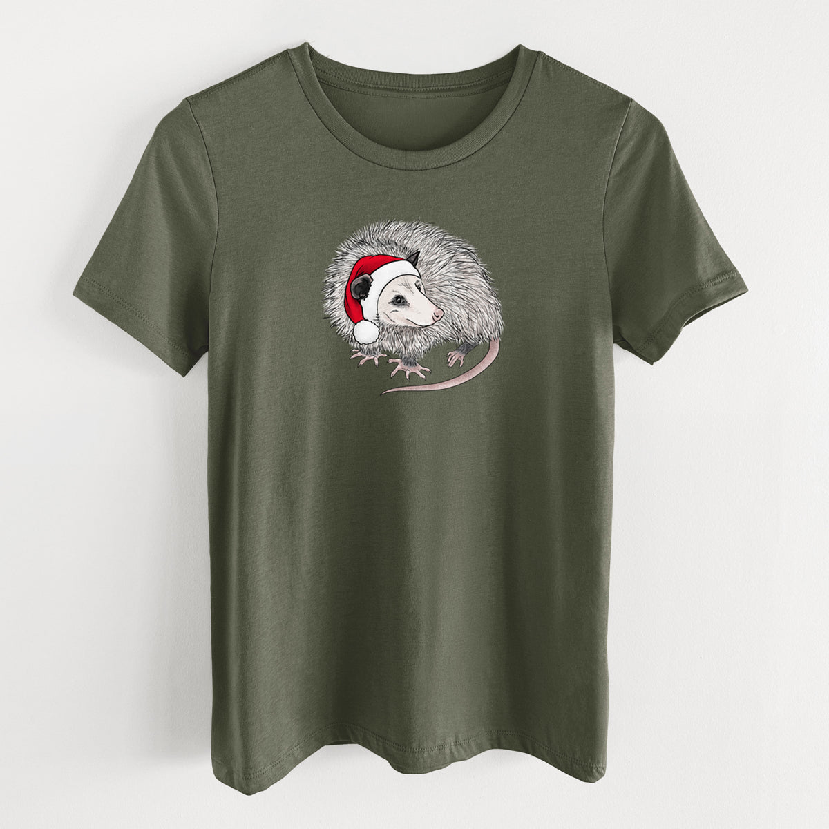 Santa Opossum - Women's Lightweight Relaxed Fit 100% Cotton Crewneck in Military Green, on a hanger