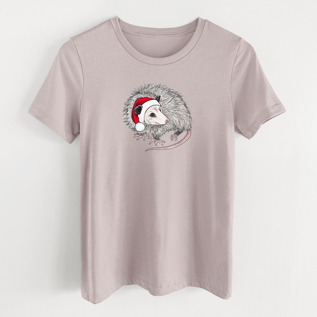 Santa Opossum - Women's Lightweight Relaxed Fit 100% Cotton Crewneck in Pink Gravel, on a hanger