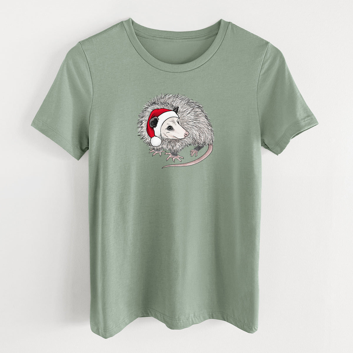 Santa Opossum - Women's Lightweight Relaxed Fit 100% Cotton Crewneck in Sage, on a hanger
