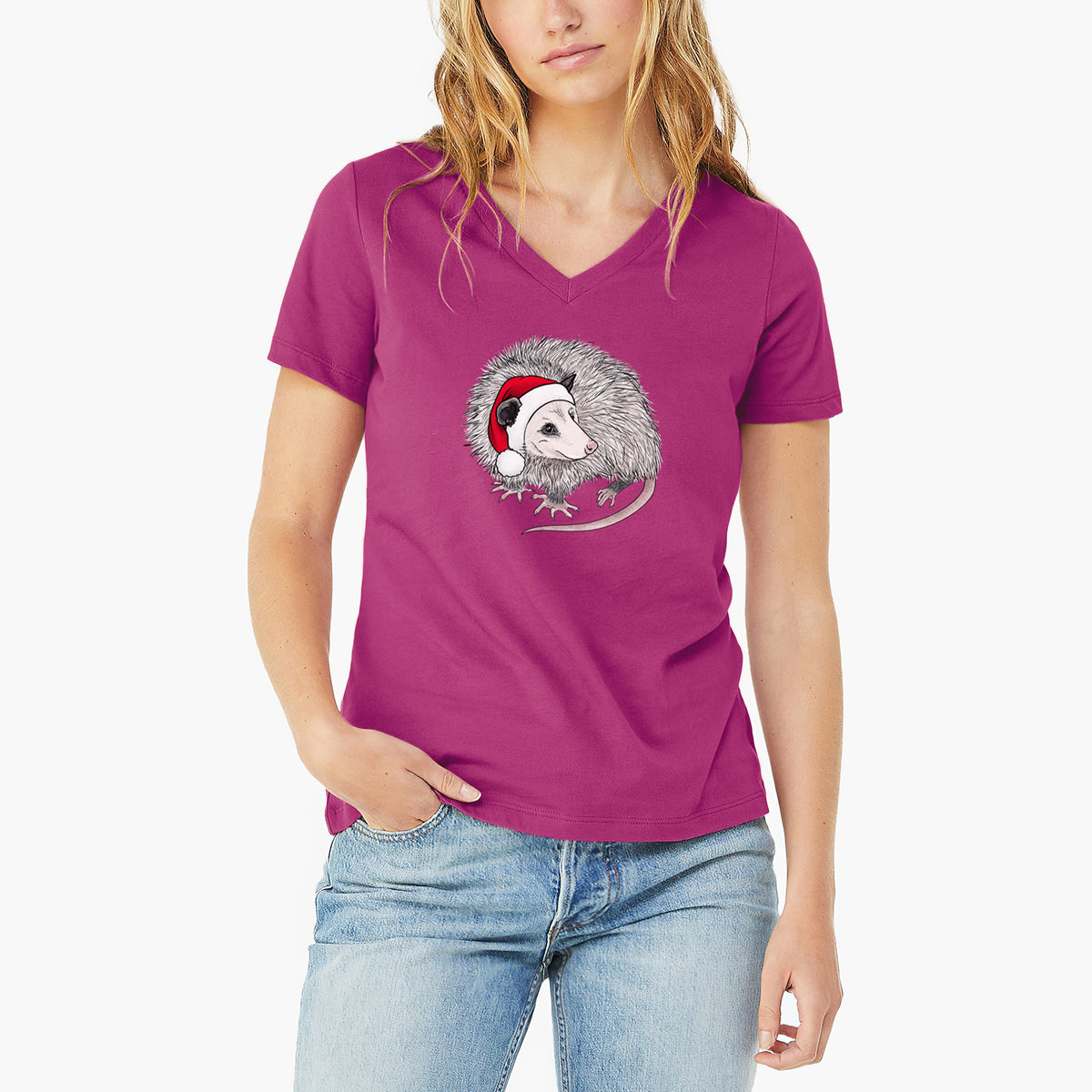 Santa Opossum - Women's Lightweight Relaxed Fit 100% Cotton V-neck in Berry, worn by model