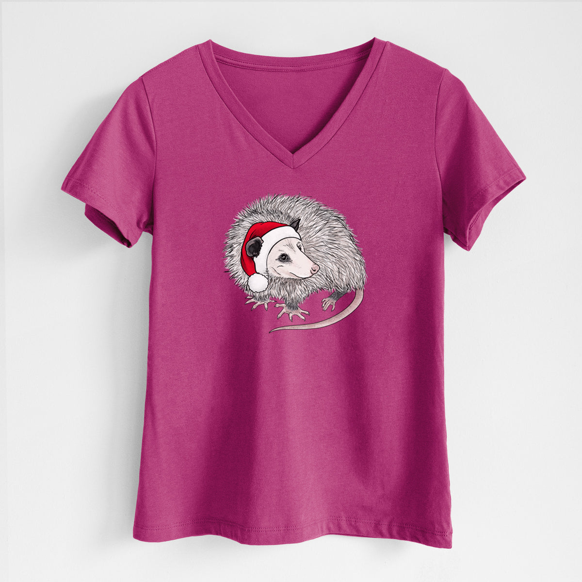 Santa Opossum - Women's Lightweight Relaxed Fit 100% Cotton V-neck in Berry, on a hanger