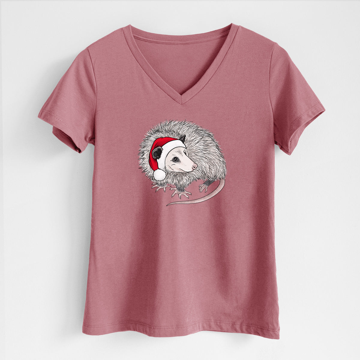 Santa Opossum - Women's Lightweight Relaxed Fit 100% Cotton V-neck in Mauve, on a hanger