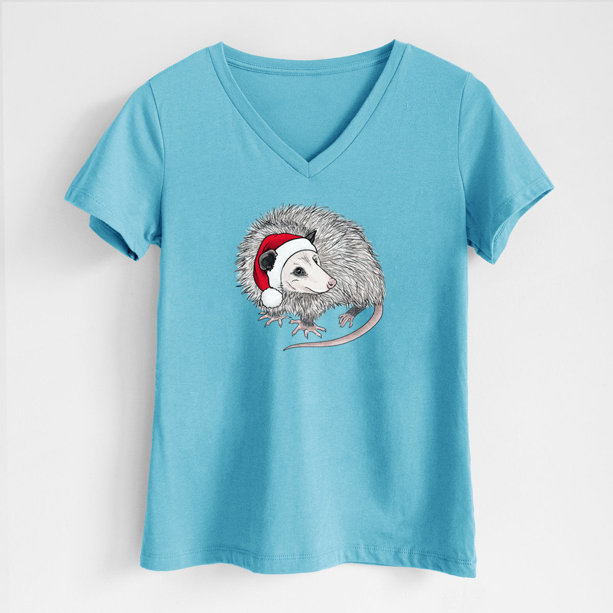 Santa Opossum - Women's Lightweight Relaxed Fit 100% Cotton V-neck in Turquoise, on a hanger