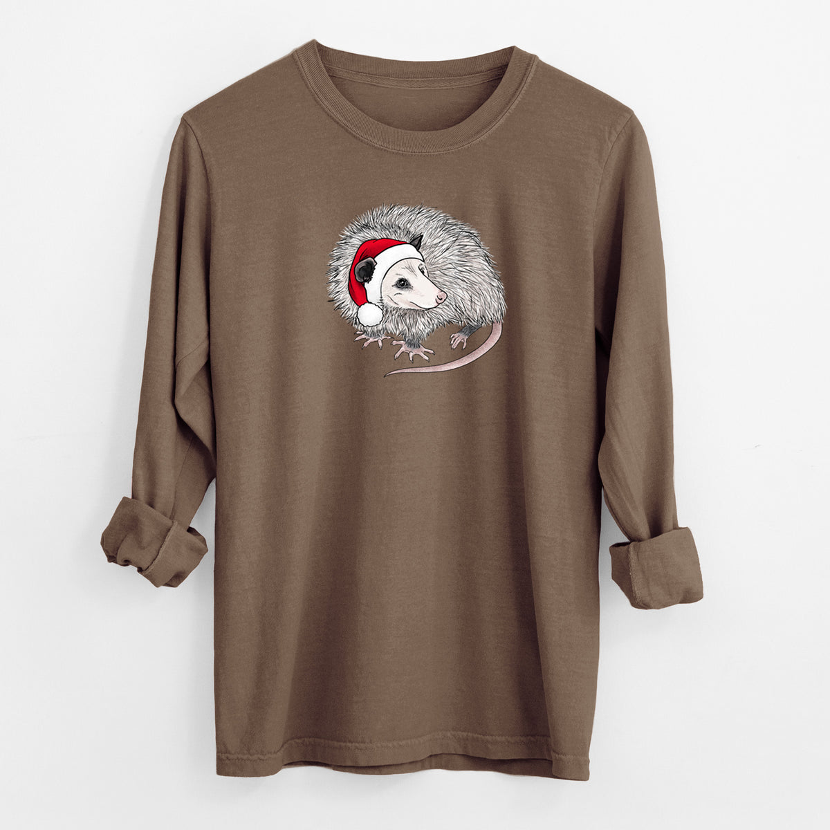Santa Opossum - Unisex Comfort Colors 100% Cotton Long Sleeve in Espresso, worn by model