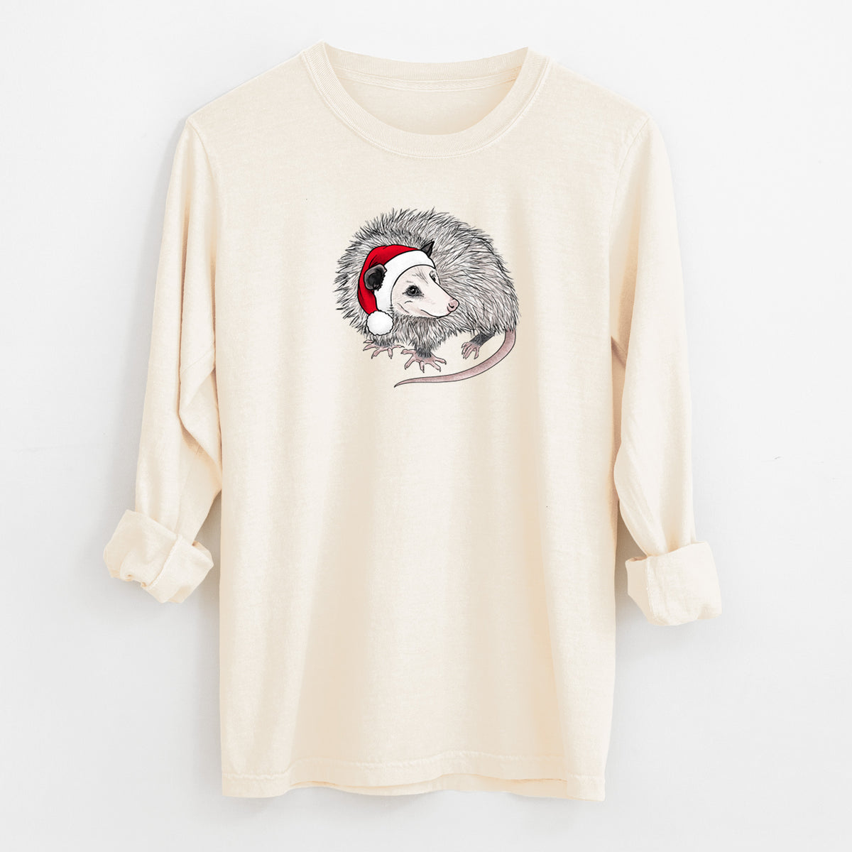 Santa Opossum - Unisex Comfort Colors 100% Cotton Long Sleeve in Ivory, worn by model