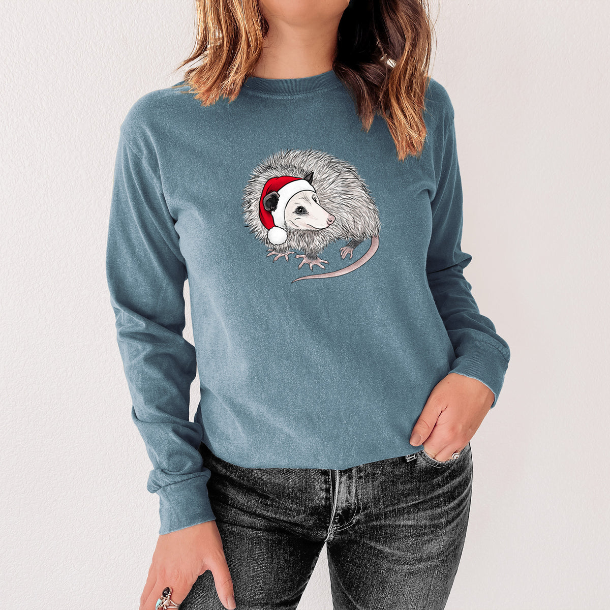Santa Opossum - Unisex Comfort Colors 100% Cotton Long Sleeve in Steel Blue