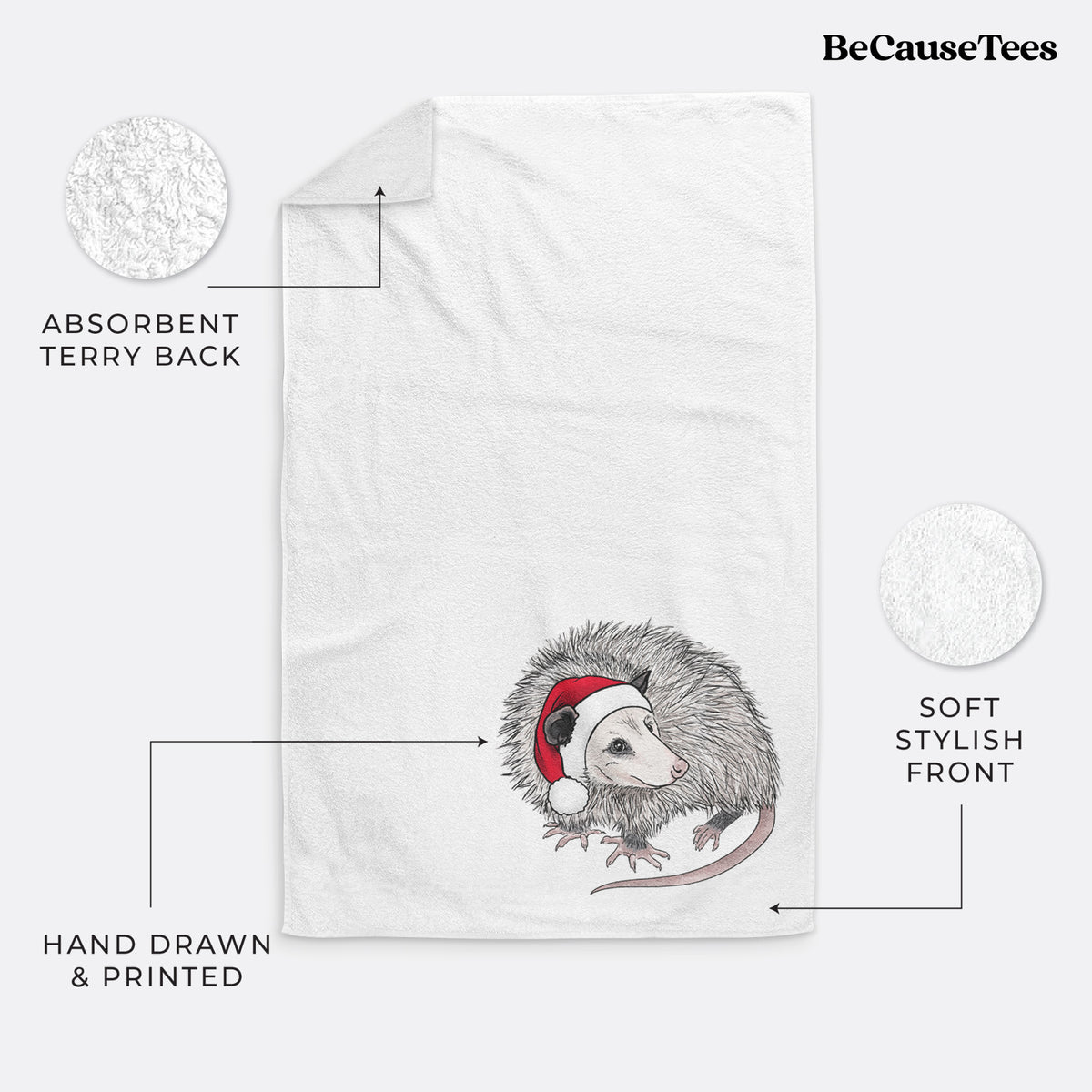 Santa Opossum - Premium Hand Towel, Print Location: Corner